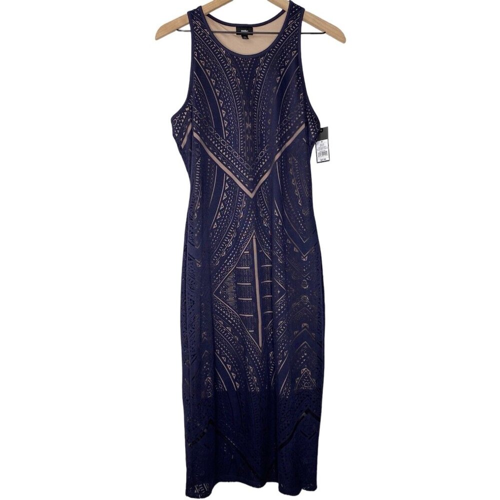 Mossimo Sleeveless Semi-Sheer Overlay Dress (Size M) Nude Lined Navy Burnout